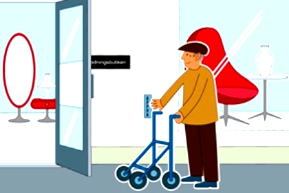 En teckning ur informationsmaterialet Tillgänglig butik. Man med rullator utanför möbelbutik.
