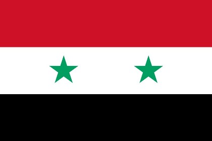 Syriens flagga består av tre horisontella färgfält; rött överst, sedan vitt och svart längst ner. I det vita färgfältet finns två gröna stjärnor.